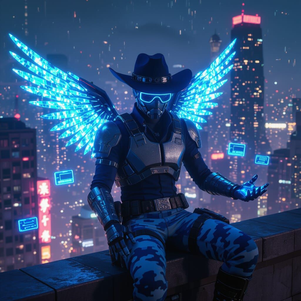 Use the backdrop,pose and guy of the 1st image but add the accessories of the 2nd guy (the purple aura is souls btw and give him a cyberpunk... - Start Image 2