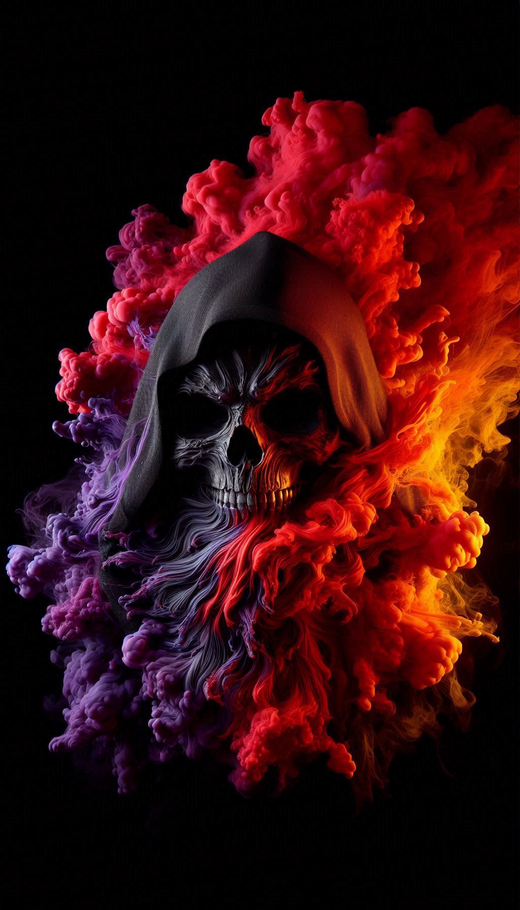 Picture a striking image of a dark fantasy, hyperdetailed, intricately detailed, and rich in color. It captures a black hooded skull that is...