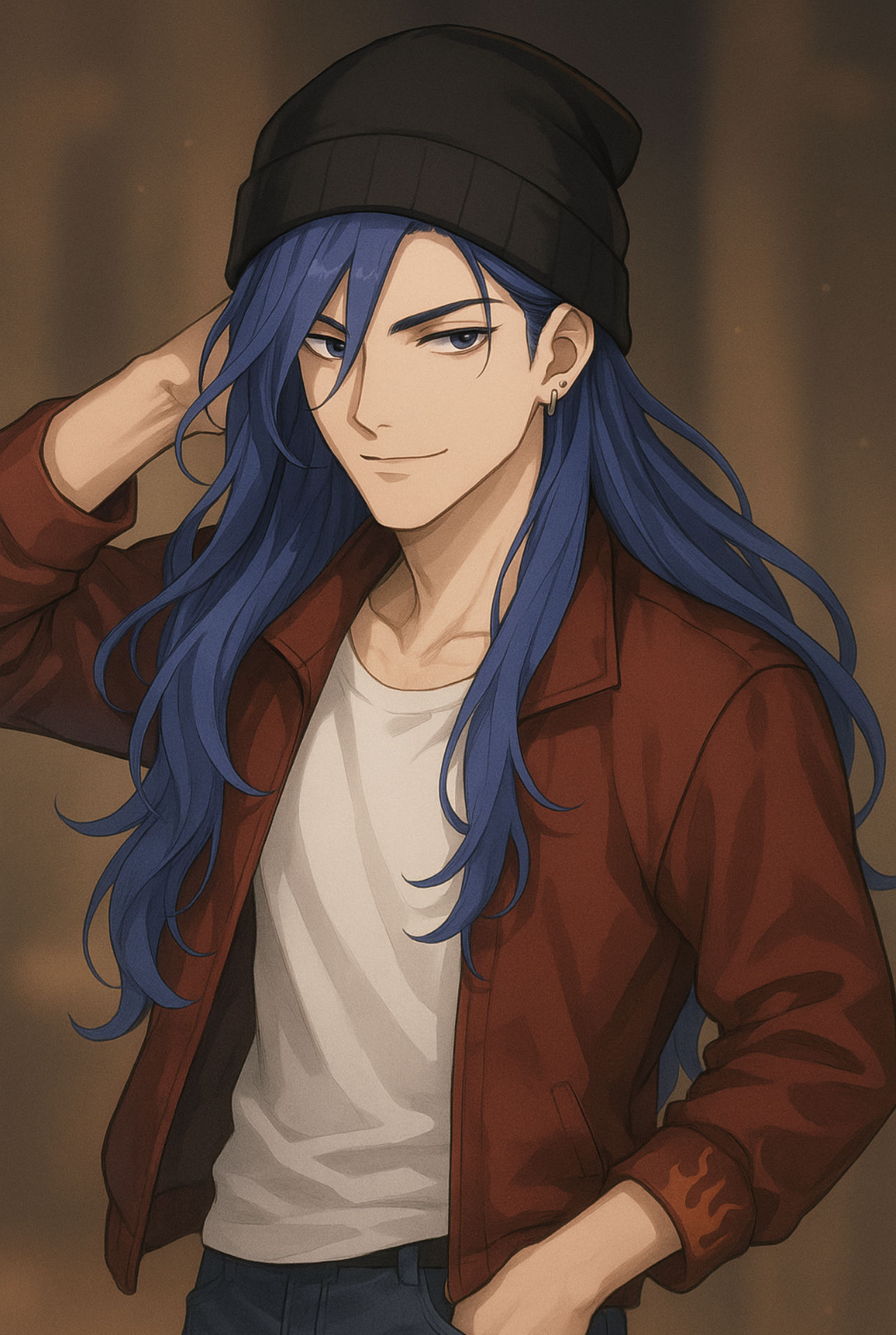 Remake the man into a similar style of the other imagine and with more purple hair  with a single strand of brown hair - Start Image 1