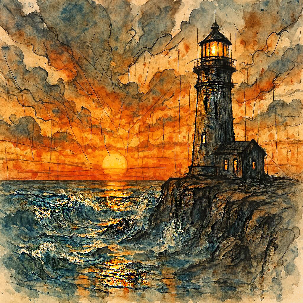 abandoned colorful lighthouse cliffside