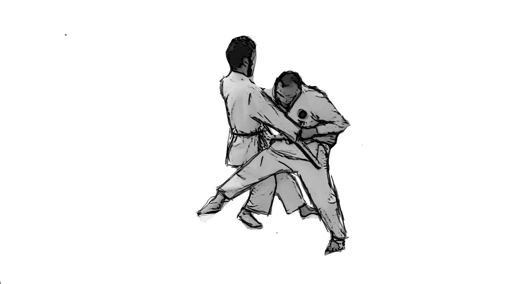 Clean line art sketch of a martial artist reap throwing opponent, gi uniform, motion lines, dynamic pose, pencil-drawn style with rough edge...