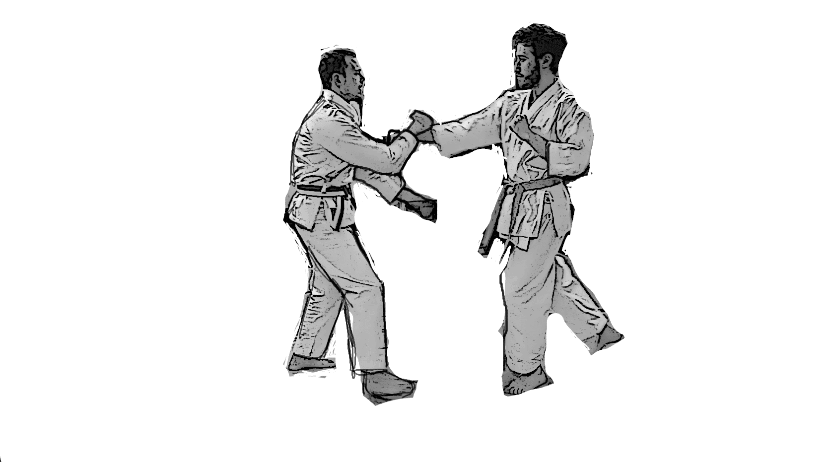 Clean line art sketch of a martial artist parrying and stepping in, gi uniform, motion lines, dynamic pose, pencil-drawn style with rough ed...