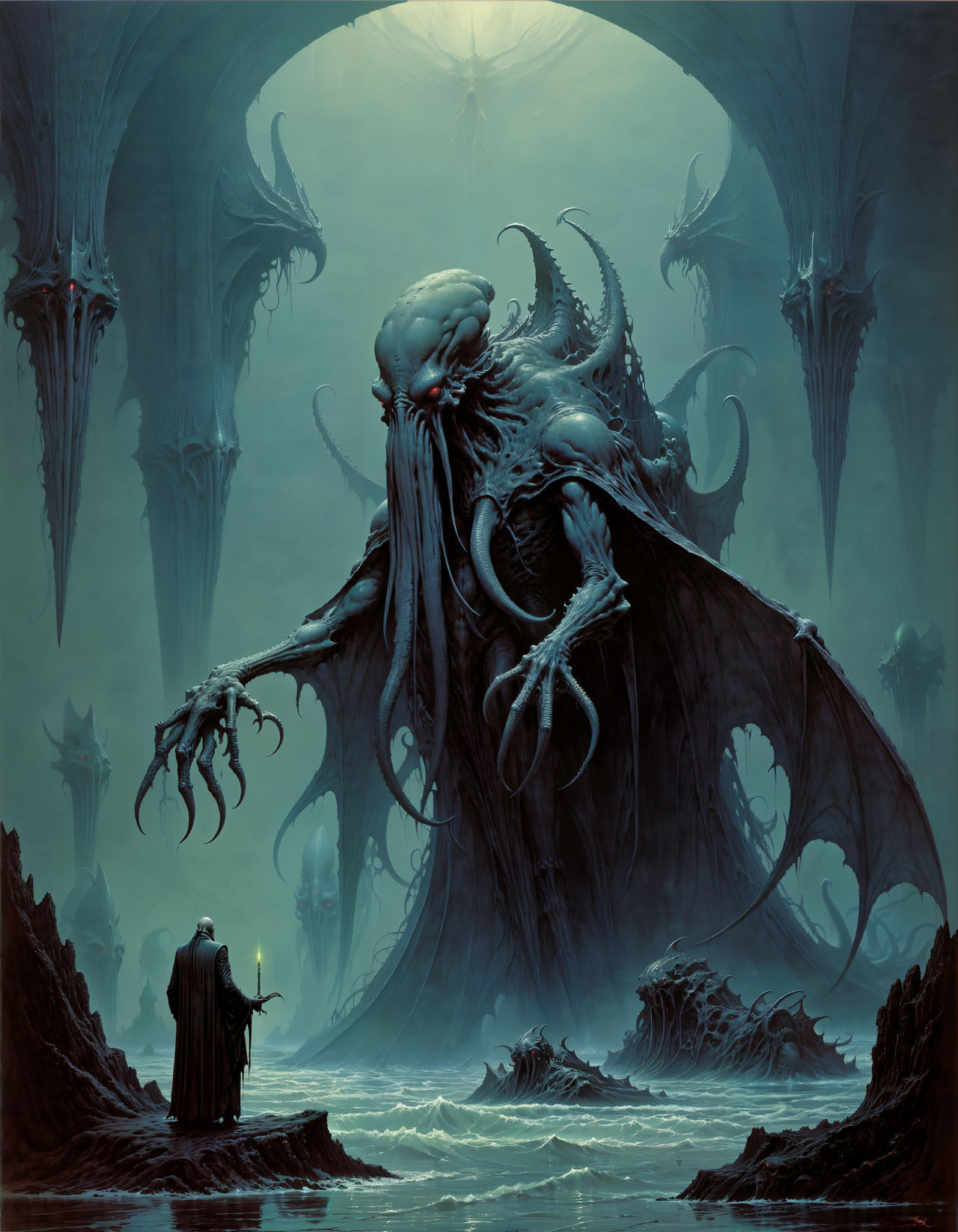 An anthropomorphic Phoenix wearing a flaming leather corset and skirt steps into the abyss to face "The Ultimate Boss" Cthulhu rising from a... - Start Image 2