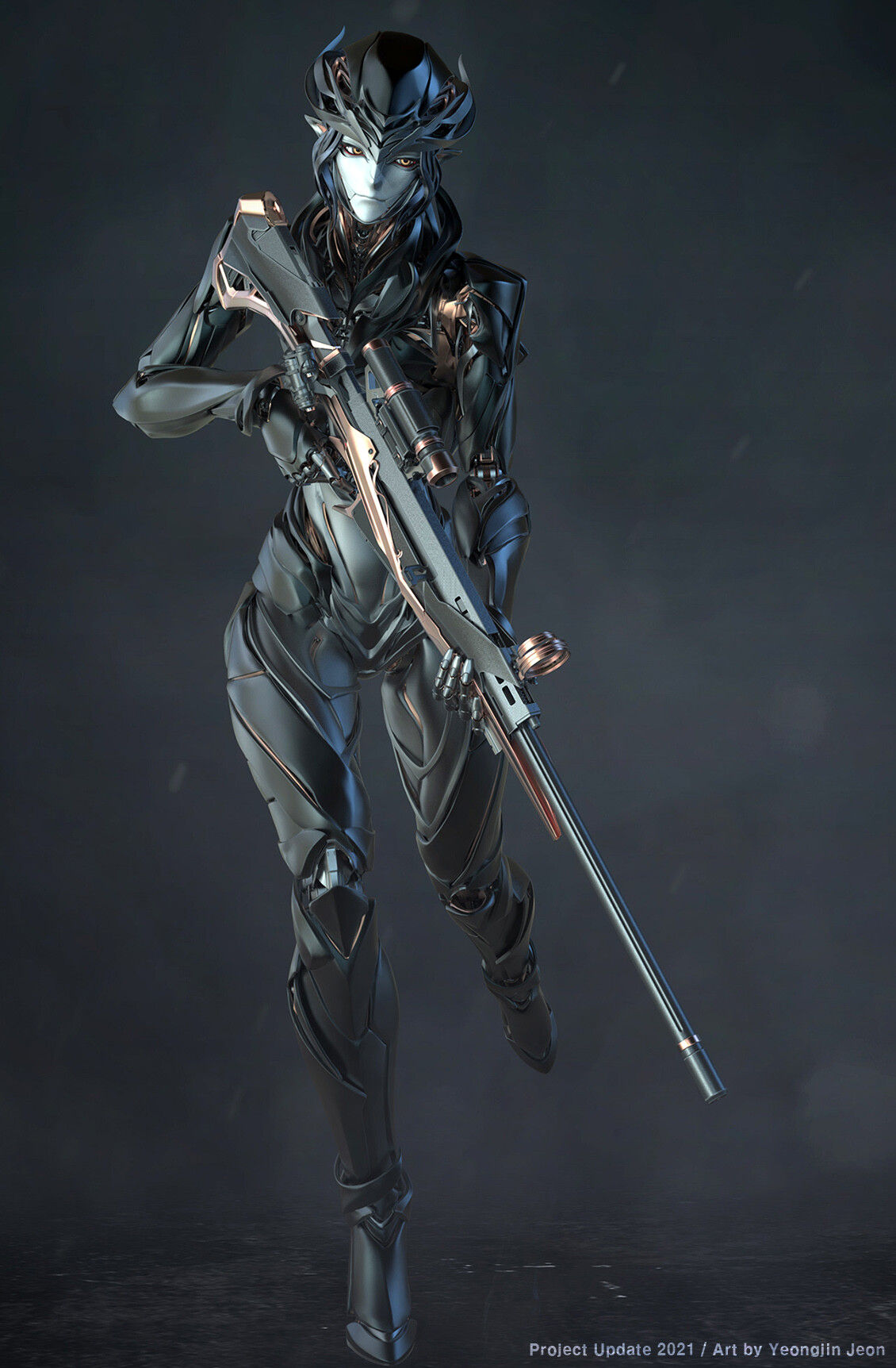 an 8k photorealistic poster from the movie Michael Bay Transformers movie of a sixteen-foot tall black streamline, aerodynamic female robot...