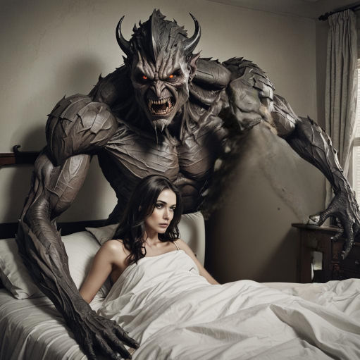 monster behind enchanting gothic style bed with beautiful sleeping woman with long black wavy hair
