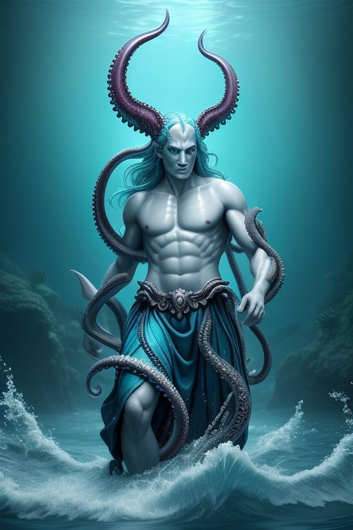Poseidon without a beard, masculine and intimidating, creature of the sea, ruler of the sea clean shaven, tentacles, piercing deep set eyes,...