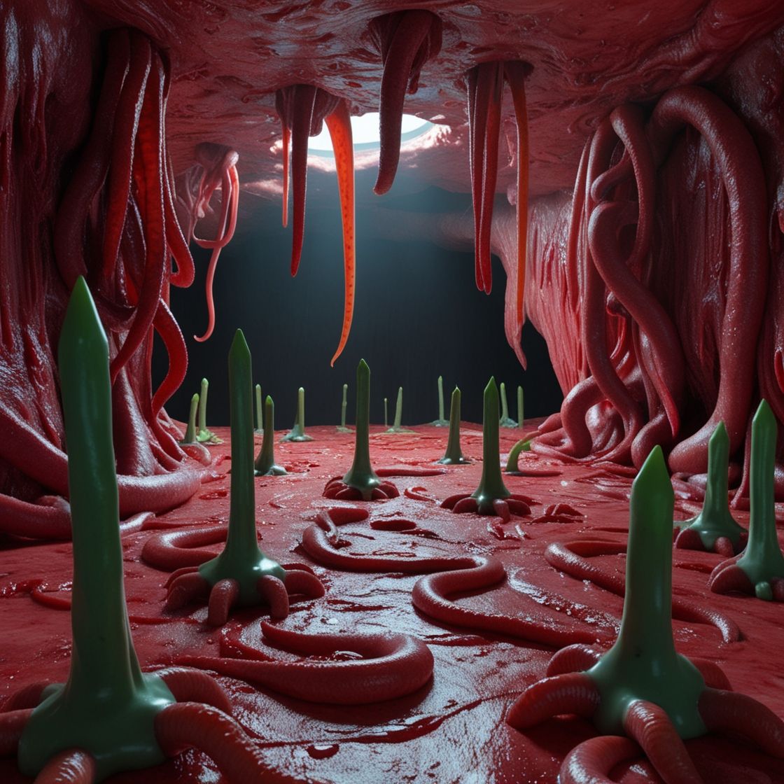 red fleshy cave with multiple short to medium stalky 1.5 inch diameter slimy (red firm tongue-like antennae textured with dense round papill...