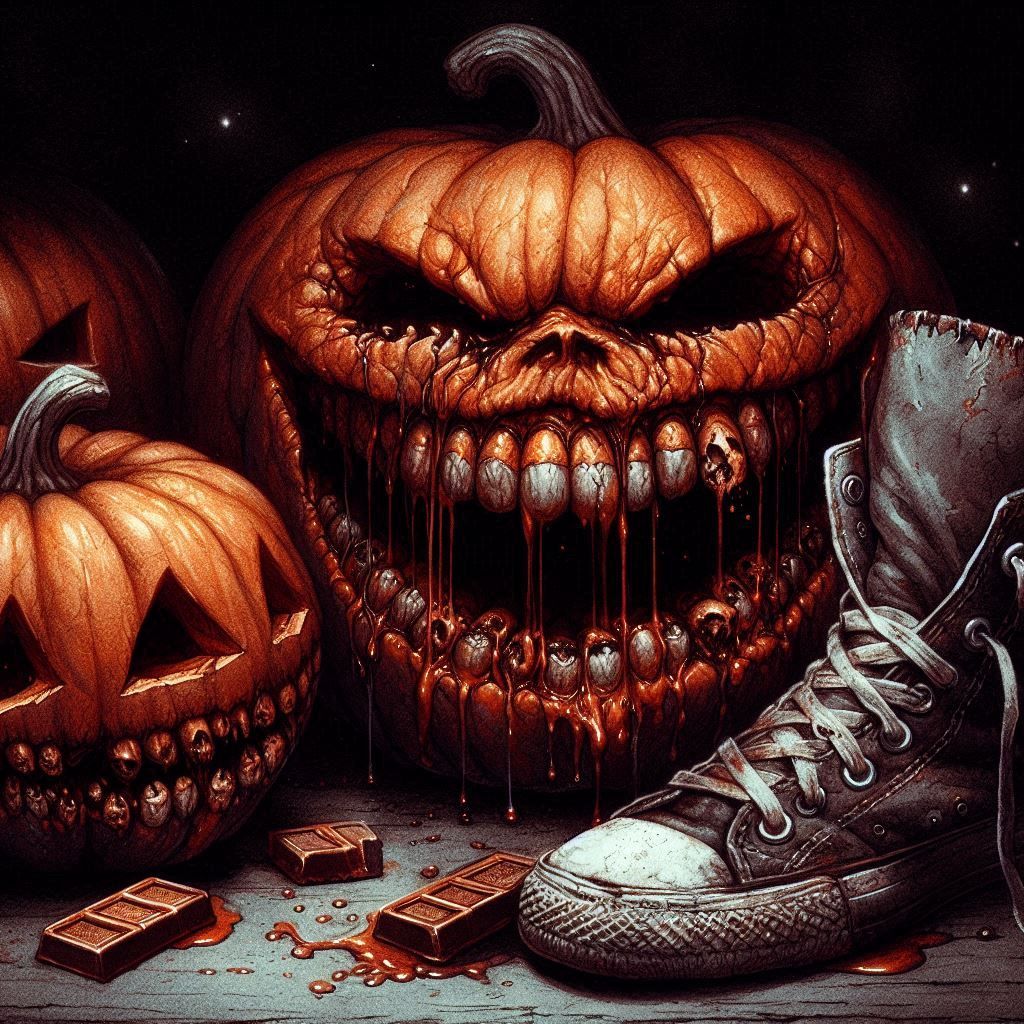 dark surreal horror illustration 3/4 close up of three healthy orange carved pumpkin jack-o'-lantern's singing with joval expressions, water...