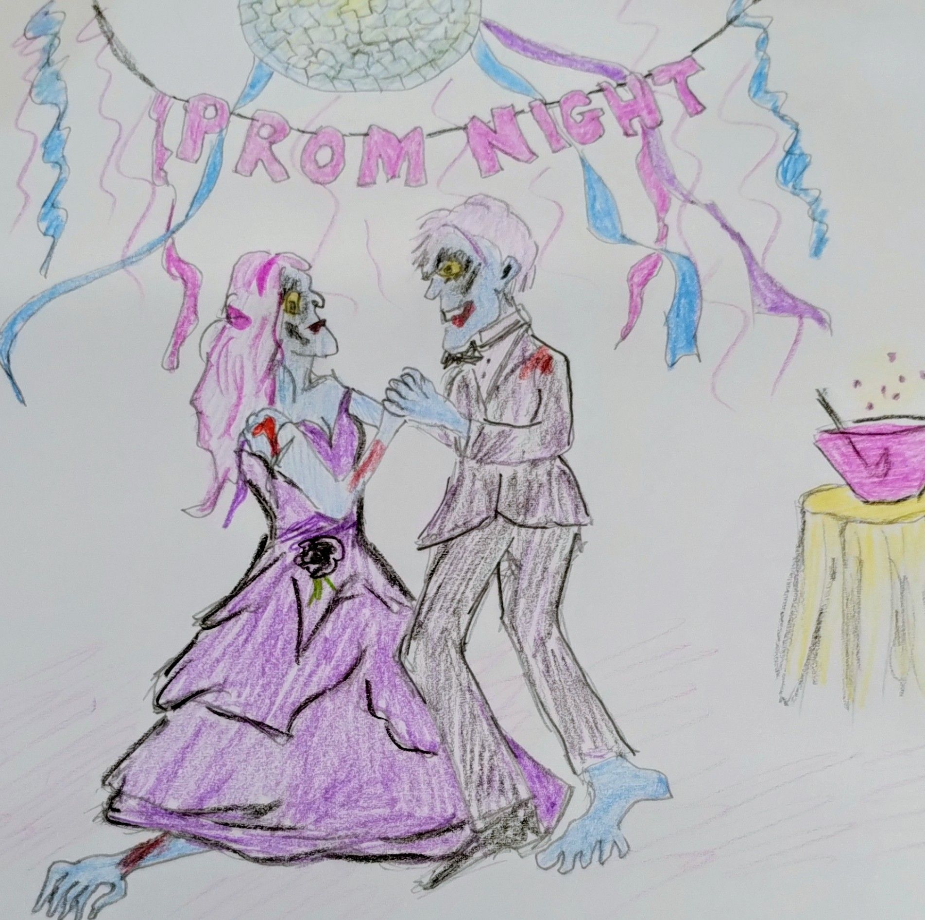 My sketch of two zombie teenagers at the high school prom dancing.
Love at first bite.
