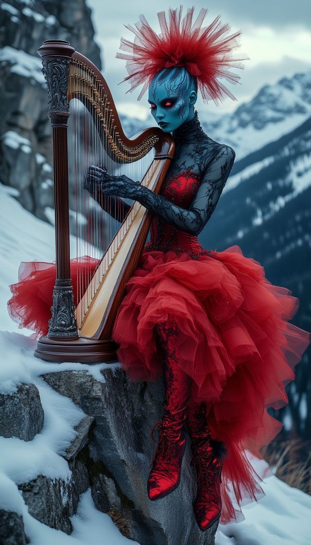Celestial woman plays the harp on the cliff top.
