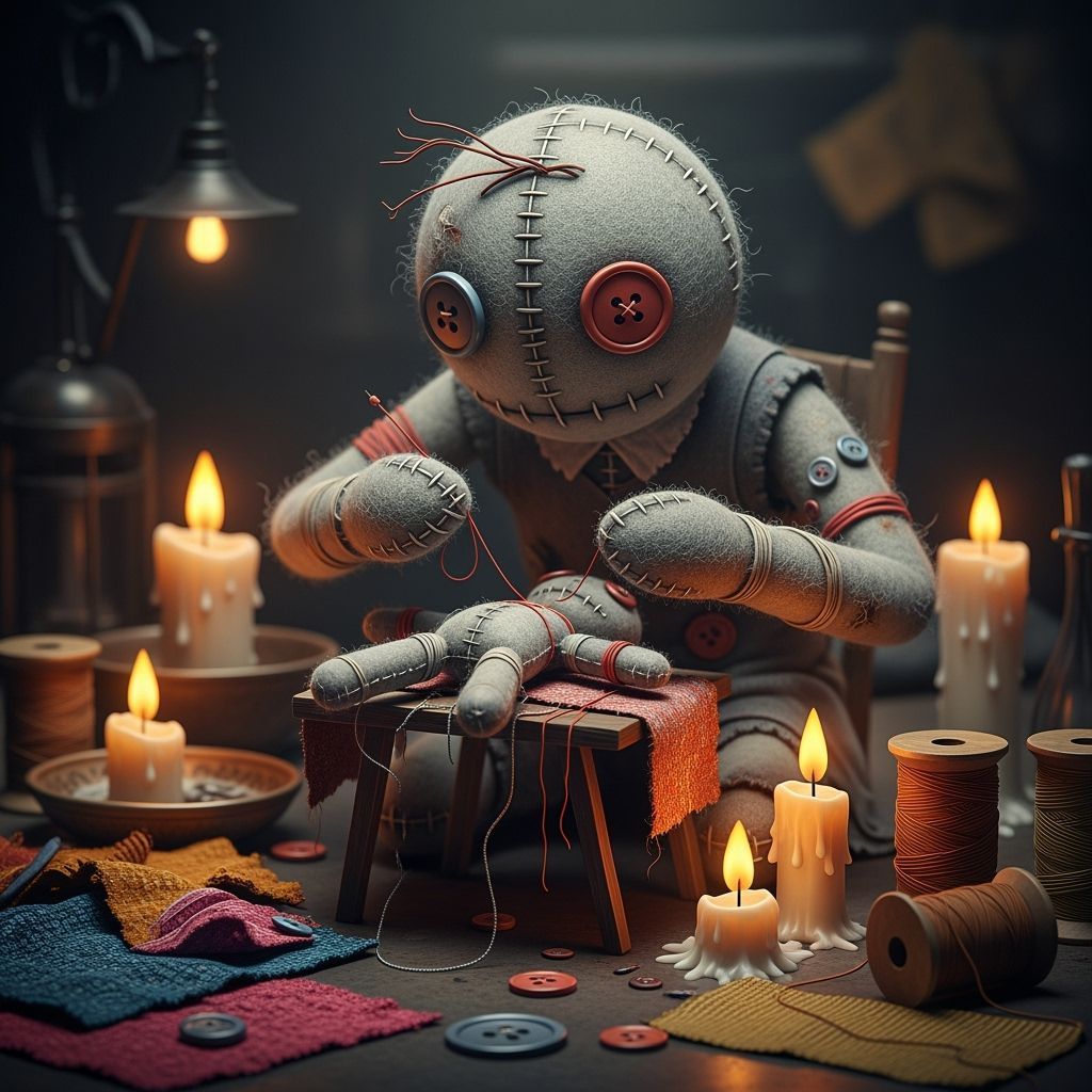 Voodoo doll is sewing the smaller doll. It's movements are quick, wide and expressive. The candle flames dance while cam...