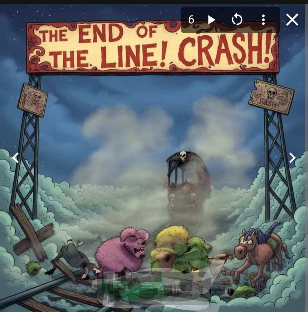 Ken Reid-style sequence where the spooky ghost train carrying the mutant pink sheep, green sheep, and crazed pig comes screeching to an abru...