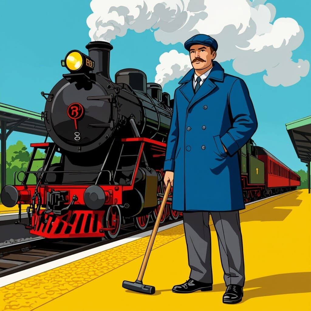 Transfer the picture into a real high qualitiy. An epic, wide-angle view of a forgotten, overgrown railway station, where colossal, art deco...