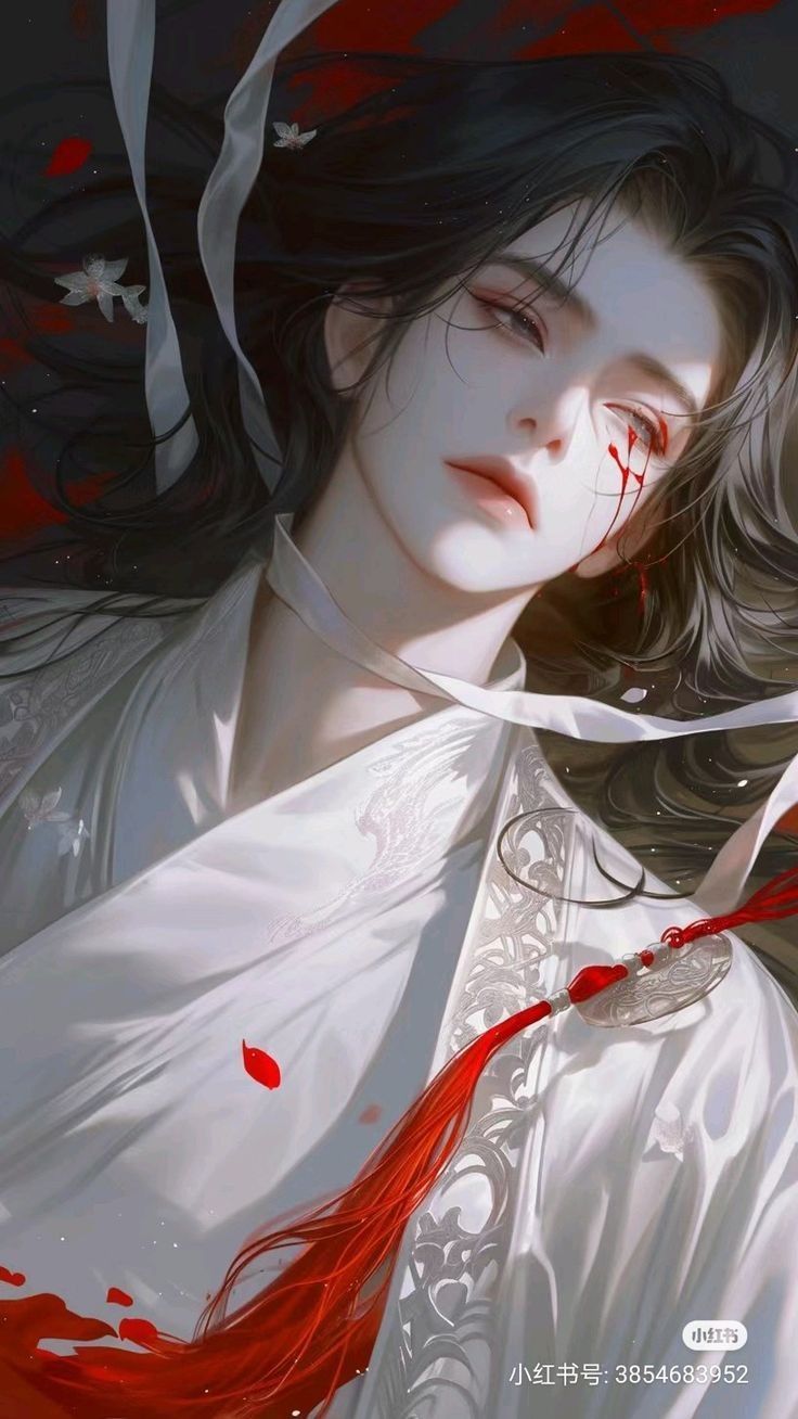 anime, semi-realistic young, handsome man in his twenties without beard, slanted grey eyes and long black hair laying on the ground the dres...