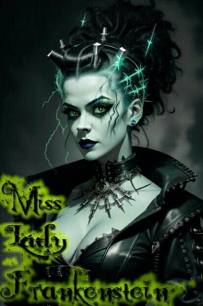 Bratz dolls-style 3D anime art portrait. Close-up, solo, beautiful Goth punk bride of Frankenstein, wearing a tattered black wedding dress w...