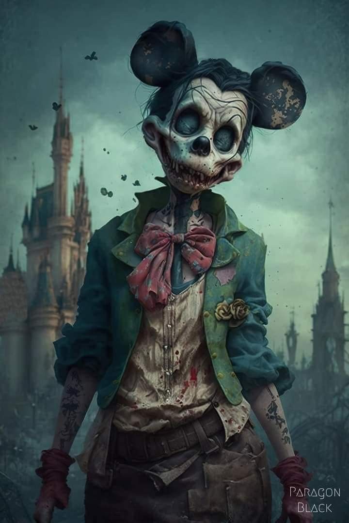 Dark surrealism. Head and shoulders portrait. Twisted, evil zombie-like Micky Mouse with heavy black eye makeup, exaggerated manic smile, a...