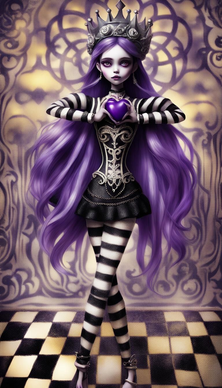 Dark fantasy concept art, mid shot, Bratz doll style porcelain skinned girl with tall elaborate crown, (girl has only head,  arms,  and  leg...