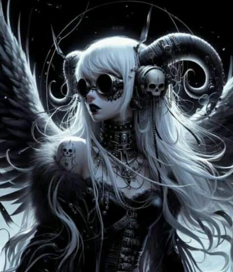 Bratz dolls style Cyberpunk portrait, close-up shot. A demon girl with silver goat horns and skull headphones. High-contrast lighting, bold...