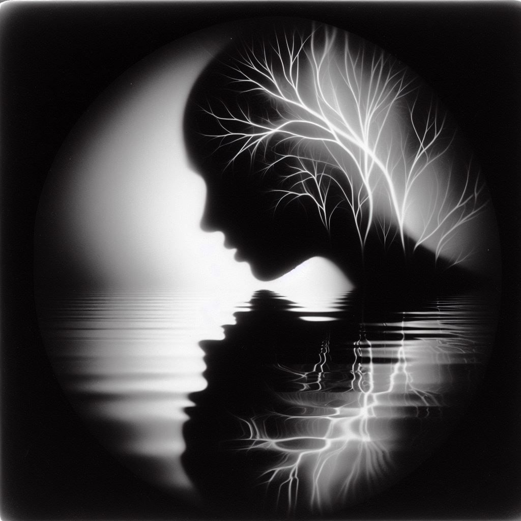 Kids Crayon drawings ,surreal (child's drawing )of a goth woman in pain swimming in  blackness, skulls,rose, symbols   rayograph Man Ray co...