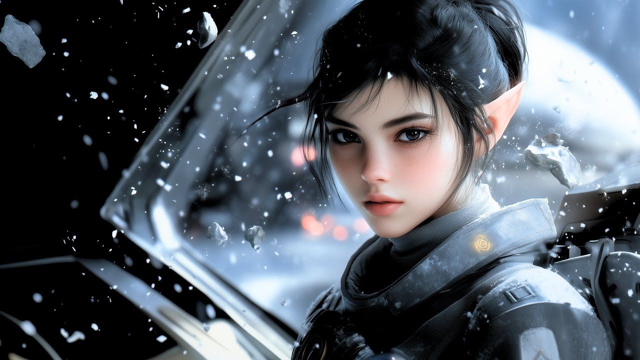 A female elfin pilot with sharp pointed ears, dark hair swept into a high ponytail, and piercing brown eyes, gazing intently forward from in...