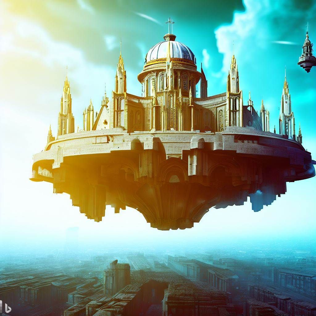 Victorian baroque Hover giant Cathedral in the air, sci-fi artificial floating island in the sky with futuristic city,flying air station monastery, realistic photo 