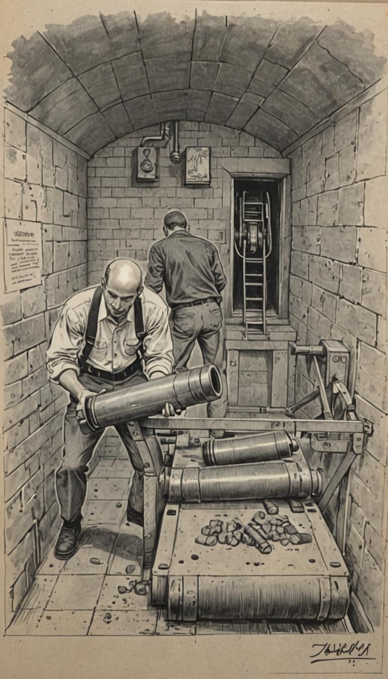 2 British Caucasian, same attire as reference image shirt and pants, in passageway of underground magazine, (placing grey cylinder cannon ca...
