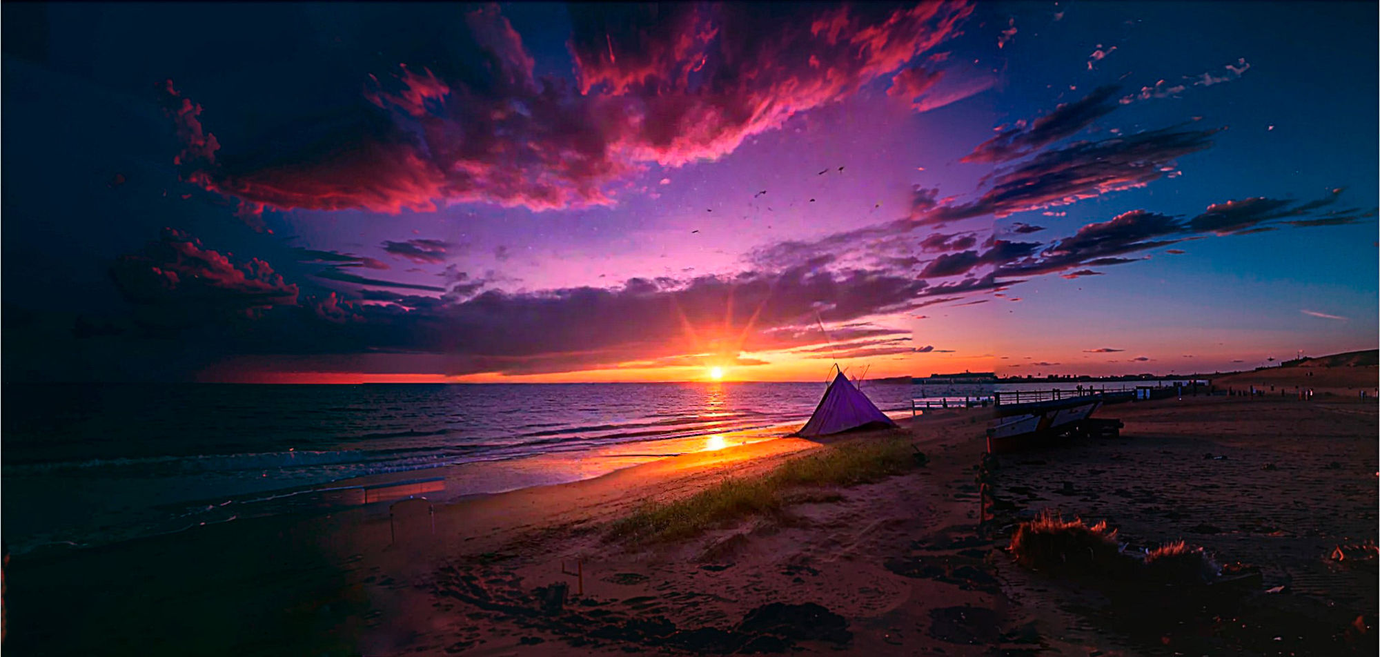 The ray of the purple sunset goes out, the flowers are shrouded in blue.