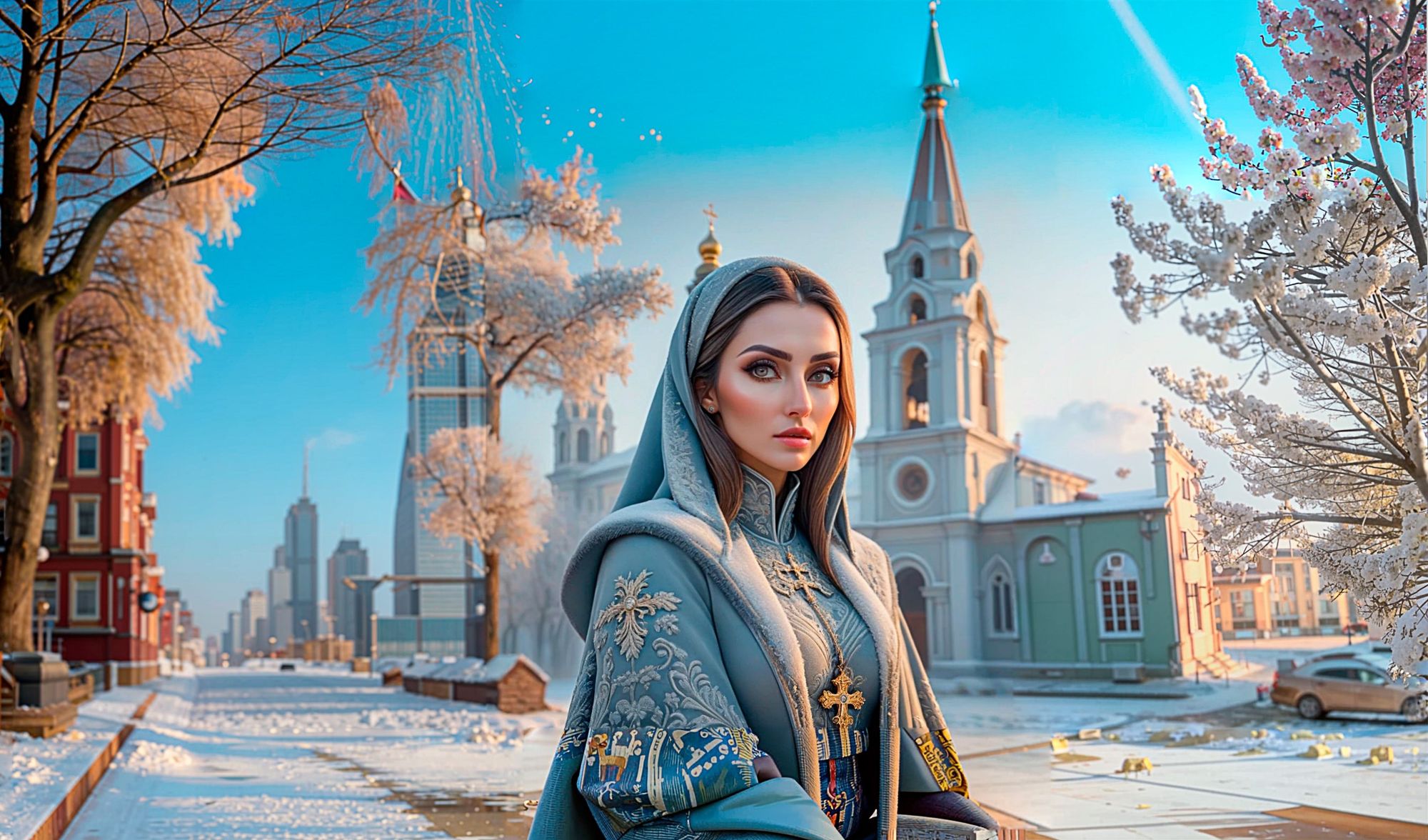 In the morning, Tatyana saw the white courtyard through the window. Curtains, roofs and fences, light patterns on the glass, trees in winter...