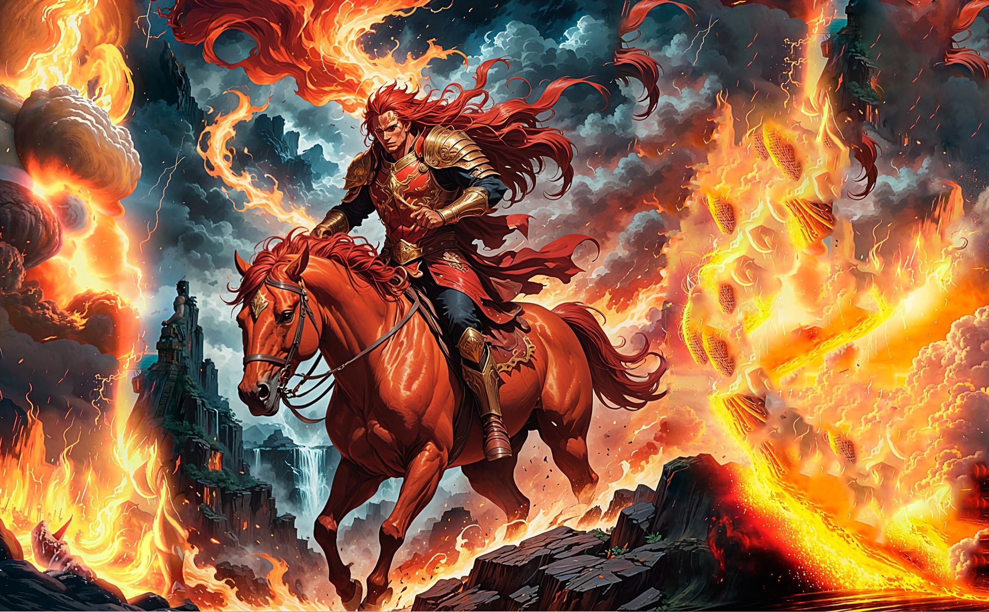 Apocalypse. From a blood-red cloud sparkling with lightning, a fiery rider, a warrior, rides out on a fiery red horse. His face is fierce, h...