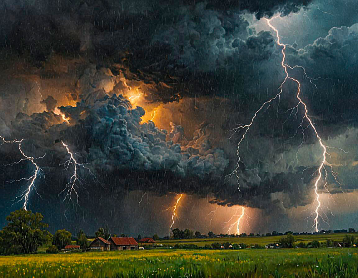 Summer thunderstorm in the countryside. Dark clouds filled the entire sky. Powerful clasps sparkle from the clouds, heavy clouds are illumin...