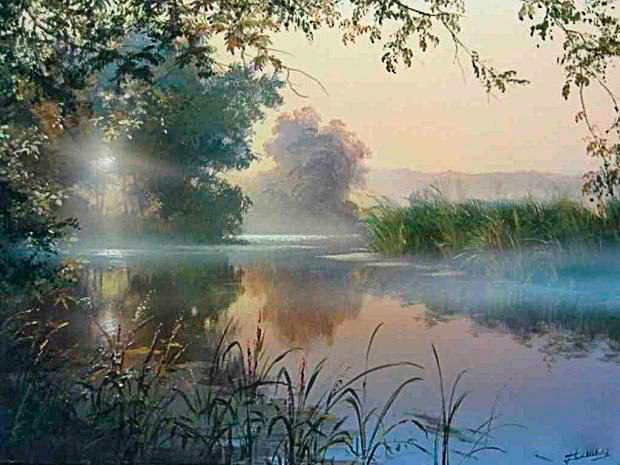 Foggy autumn morning. A small forest lake overgrown with reeds. Evaporation rises above the water. A wild duck brought her ducklings out int...