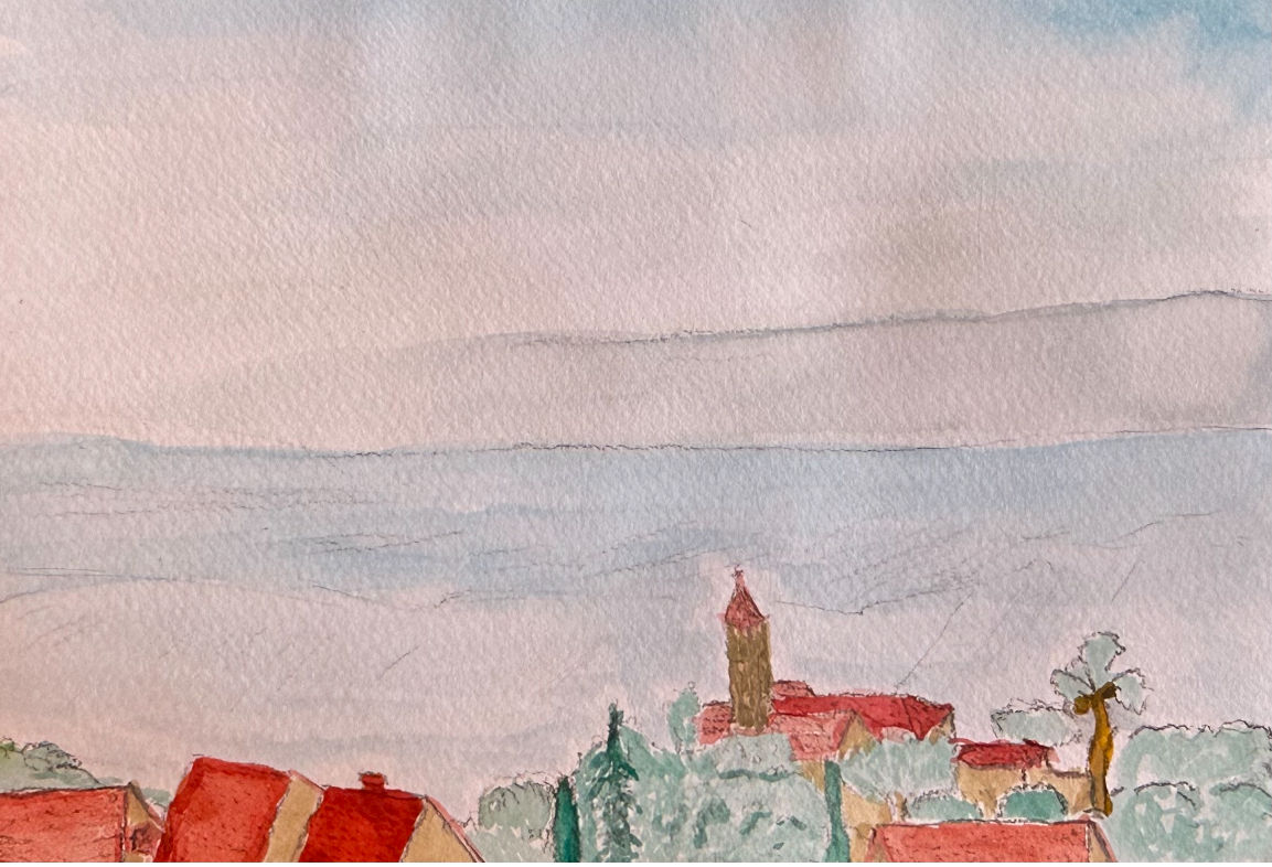 Adriatic coast cypress and olive trees monastery morning light misty blurry watercolor painting 