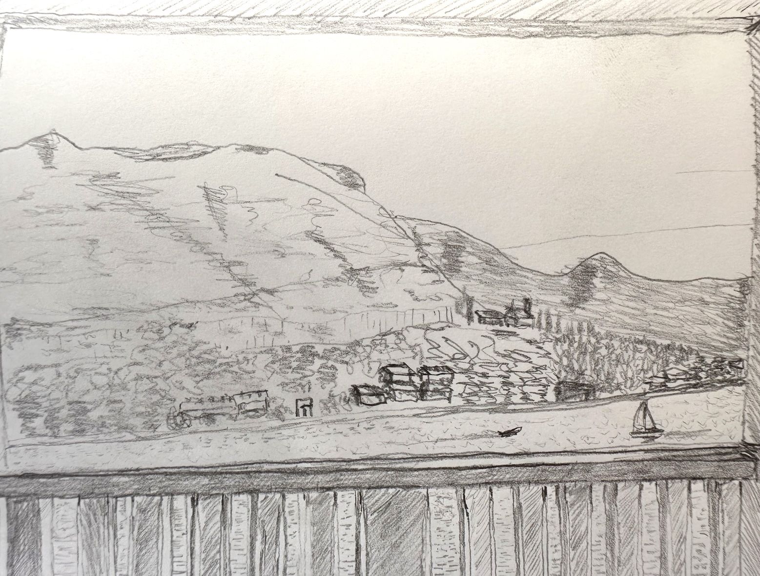 Painted View from veranda of Adriatic Sea with coast and island in background