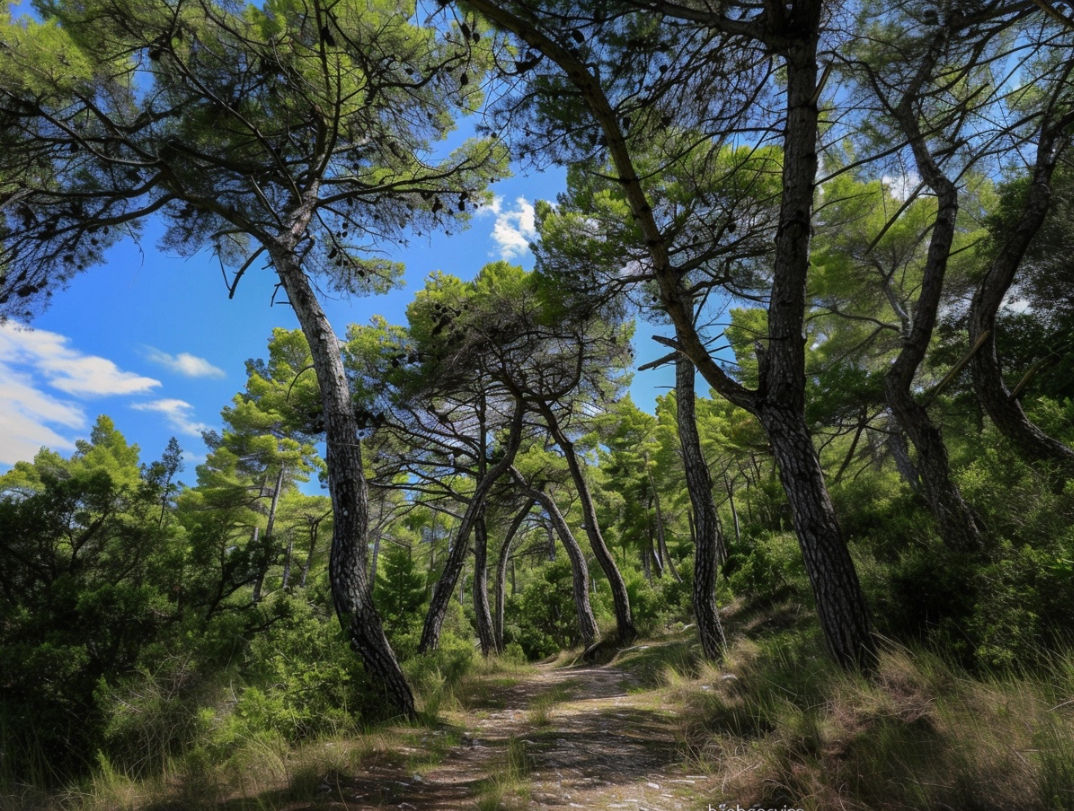 Watercolor painting The forests of Korčula consist mostly of Aleppo pine (pinus halepensis), coastal pine (pinus maritimus), black pine (pin...