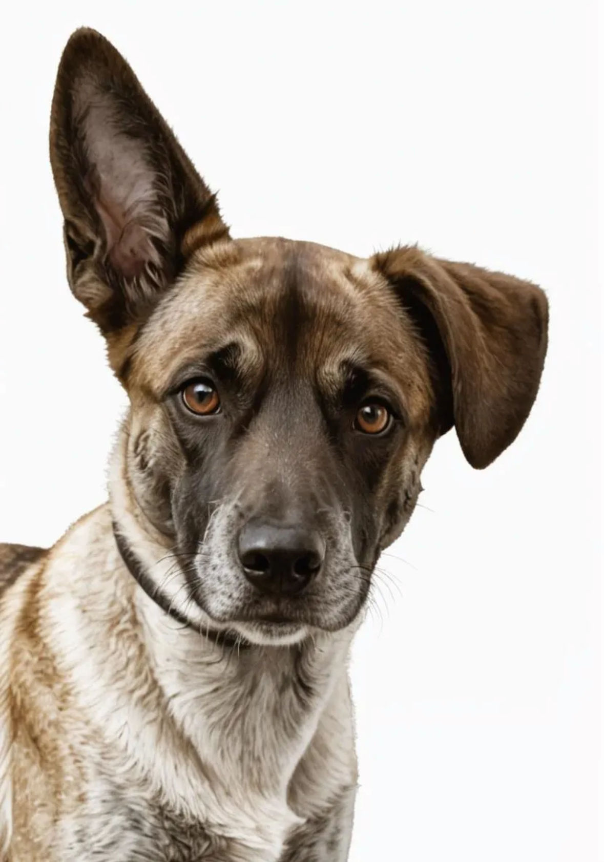 Belgian malinois dark fur black gray one ear up one ear down sitting in the meadow 