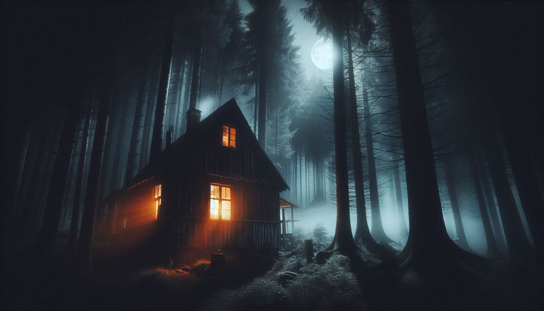 Southern Gothic horror landscape at night, weathered wooden porch in foreground with cast iron skillet on old wooden table, empty rocking ch...