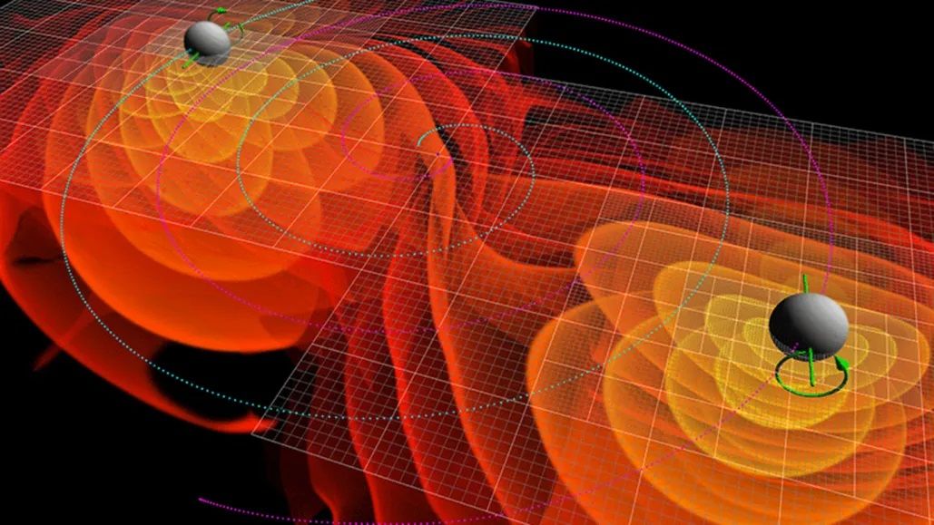 Black holes colliding, releasing gravitational waves