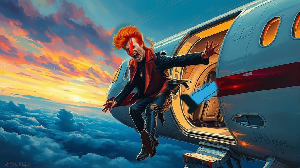 screaming terrified David Bowie being kicked out of airplane with no parachute - a lovely fantasy