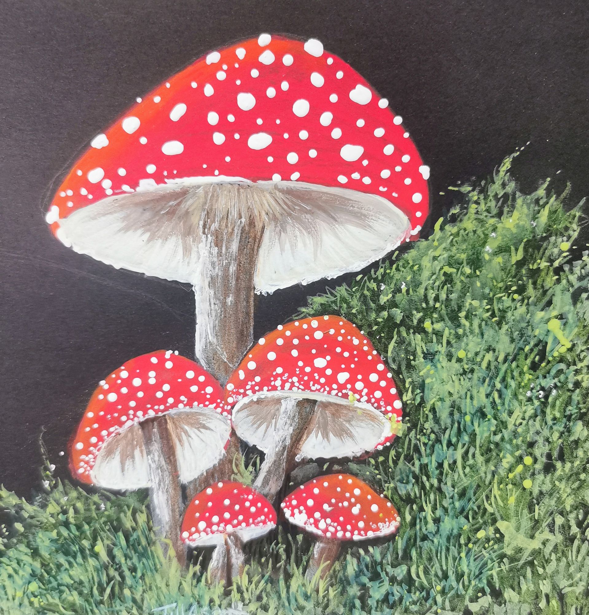 <lora:Alcoholic Inks:1.0> <lora:Liquid Ink Flux:1.0> Red capped mushrooms in mose covered ground with lady bird insects playing hide and see...