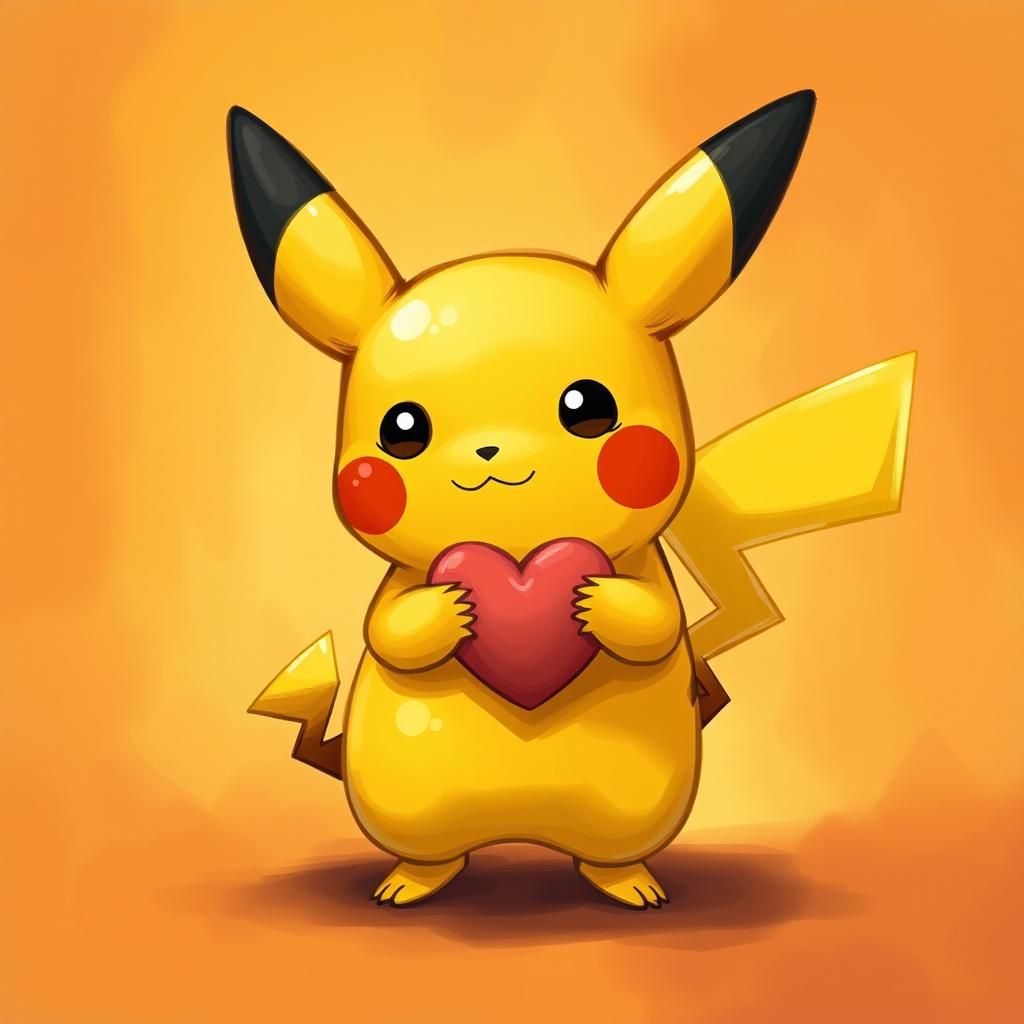 An adorable small yellow pikachu with large pointed ears, black tips, and red circular cheeks is holding a heart-shaped object. The creature...