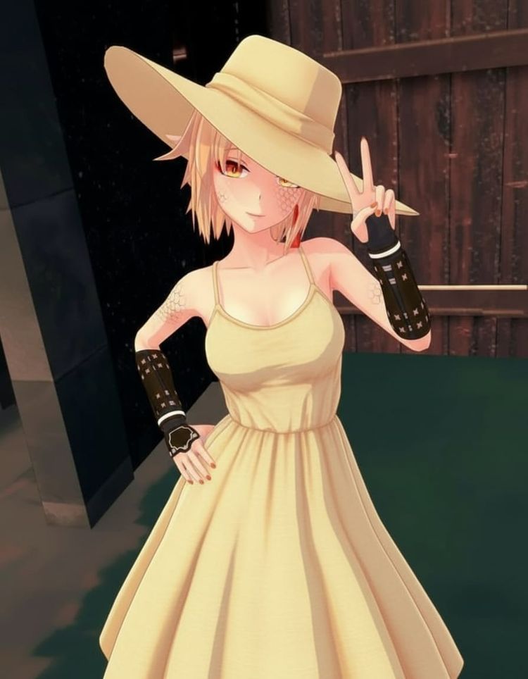 Edit her to be sitting down on a wooden bench up closely next to lake at sunset with her hands on her lap. Make her dress a bit more detaile...