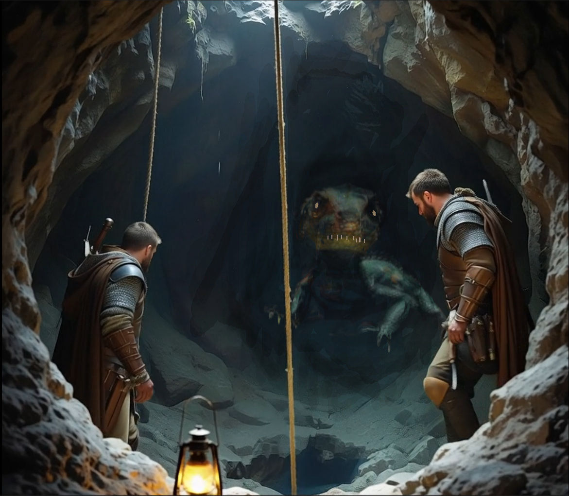 The creature moves out of the darkness towards the man on the camera's right. He draws his sword in defense against the creature's attempts ...