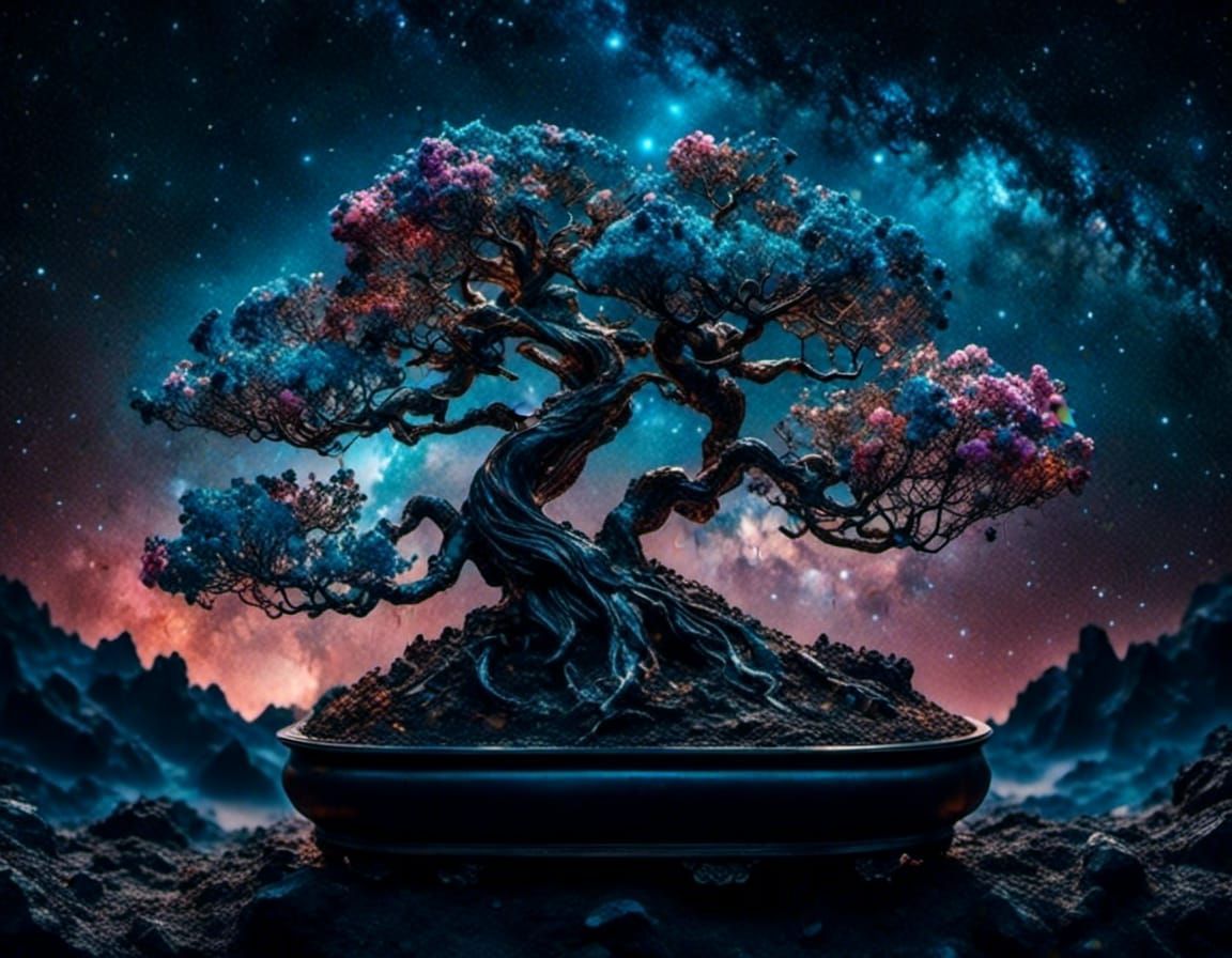 Bonsai tree hyperdetailed Eldritch split-complementary colors
