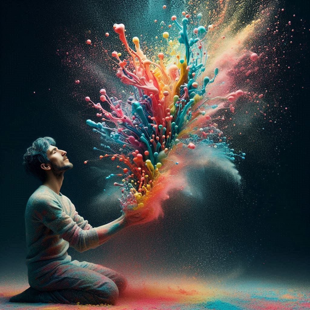 Girl lovely and rainbow bomb intricately detailed Bernie Wrightson complementary colors complementary colors Australian tonalism