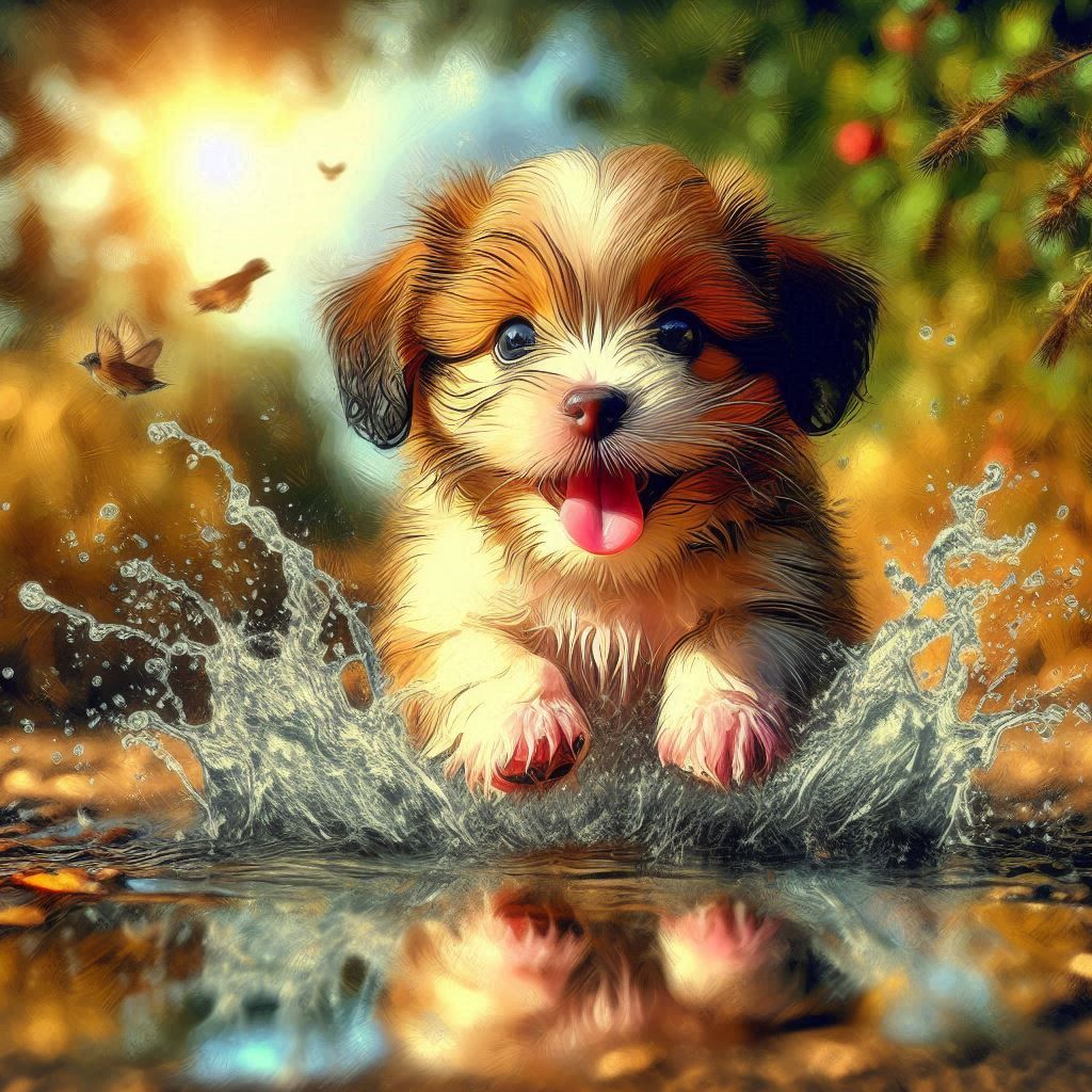 Happy dog intricately detailed complementary colors Australian tonalism