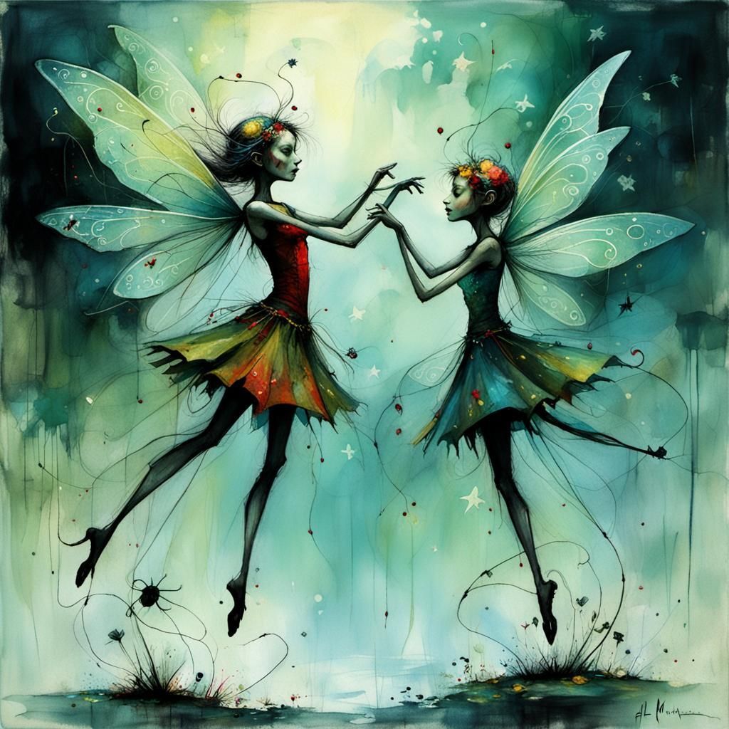 Two skeletons fairy Zdzisław Beksiński Van Gogh analogous colors