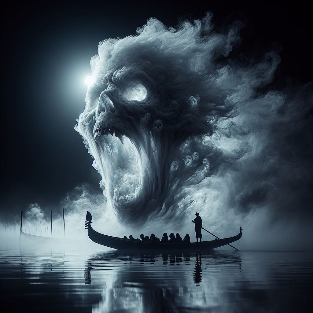 Rysunek węglem noc łódź czaszka pożera łódź mrok przerażenie  mgła dym 