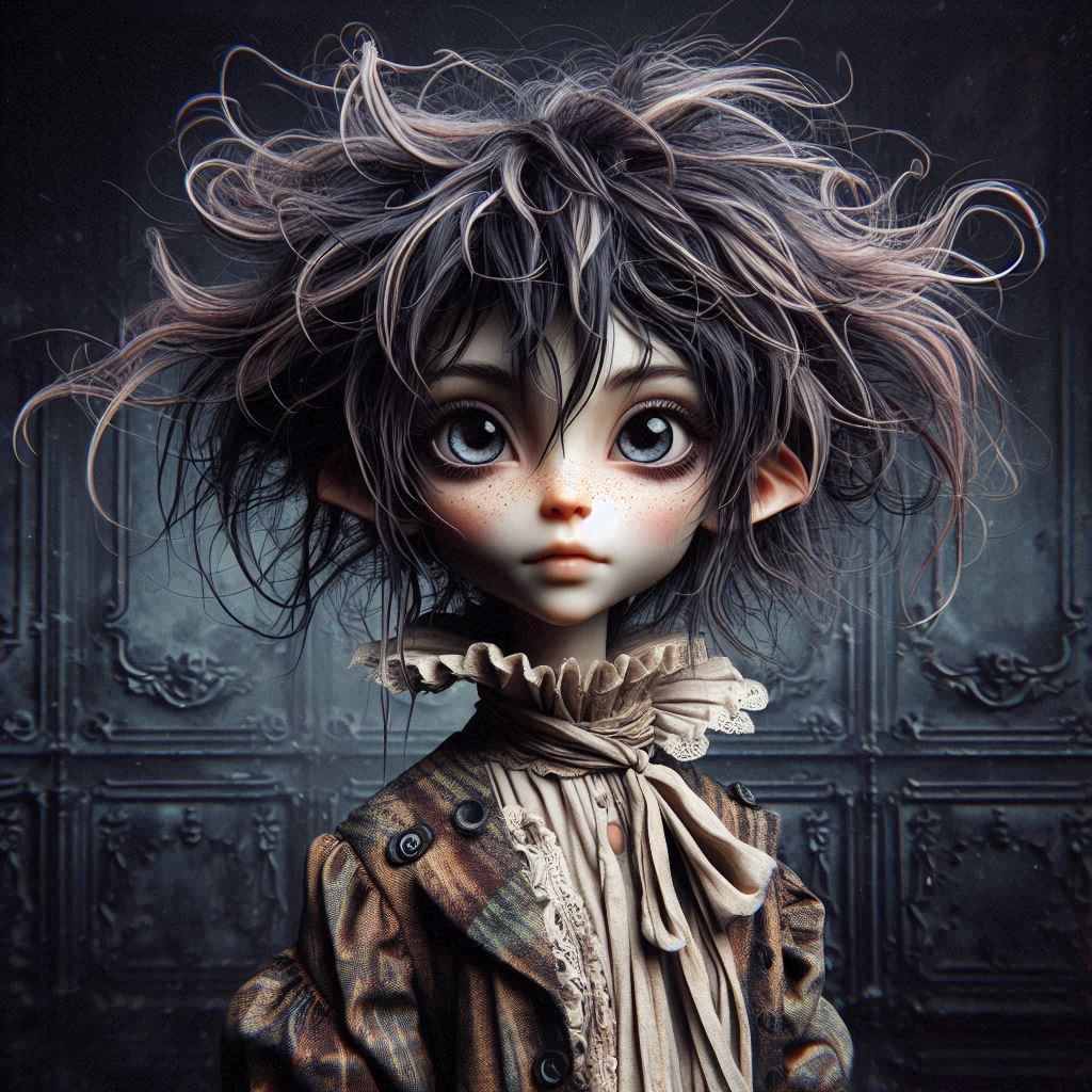 Gmone cute Girl, big black eyes , smile intricately detailed  deep color mixed media old style artwork 3d Substance Designer many hair color...