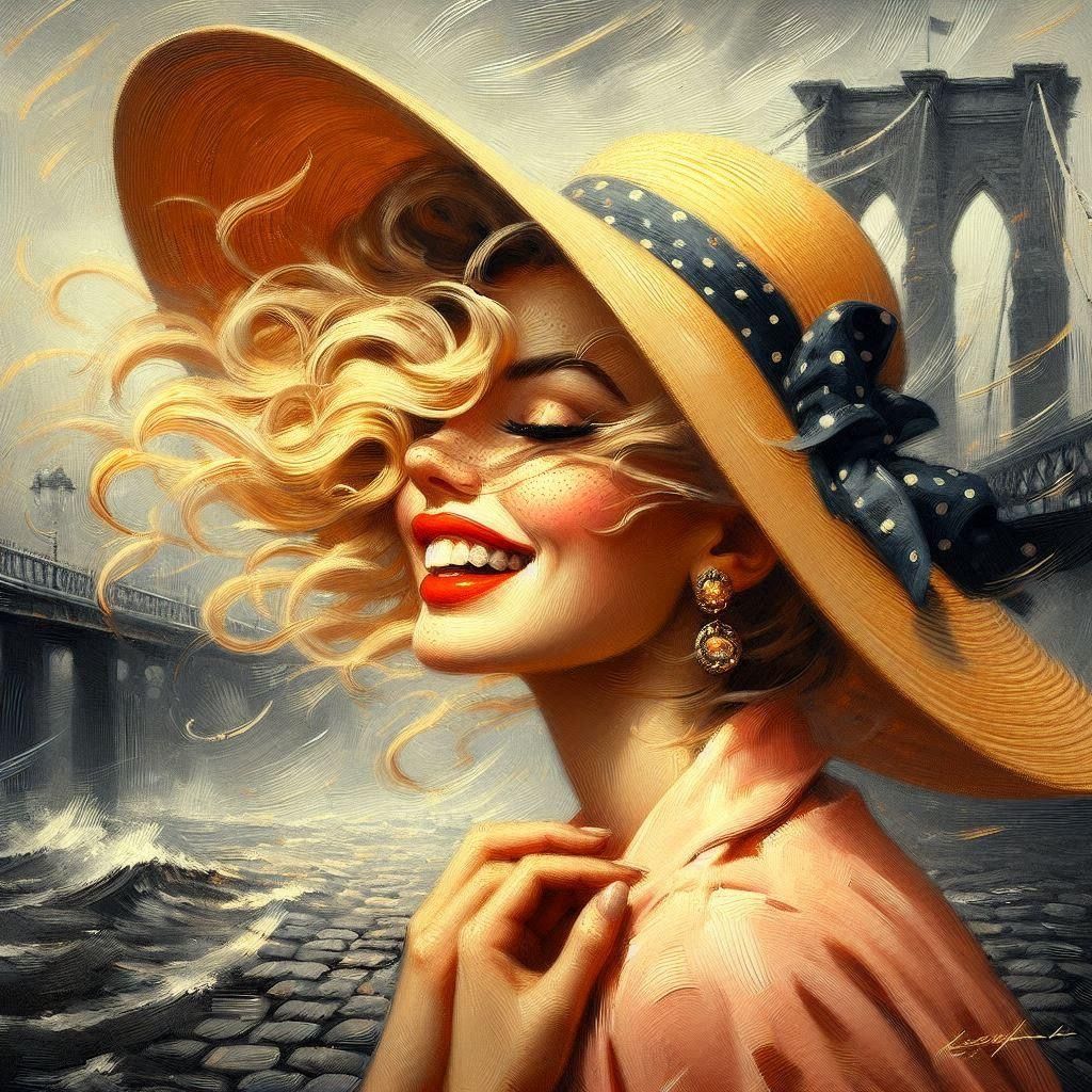 Cute girl red hat sea colorfull hair smile hyperdetailed green and magenta lyrical abstraction