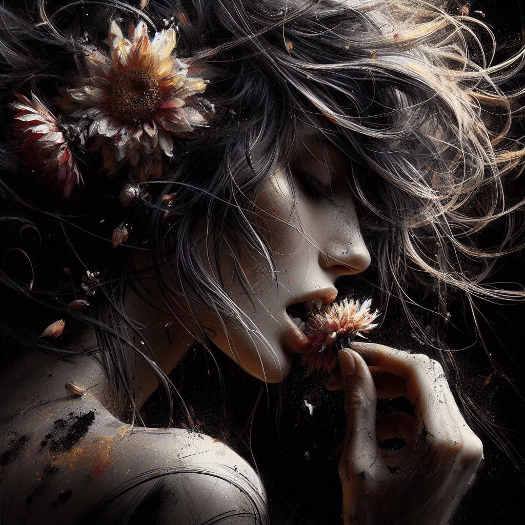 woman flower intricately detailed tilt shift charcoal drawing hyperdetailed shadow depth